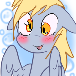 Size: 1080x1080 | Tagged: safe, artist:melonmilk, derpibooru exclusive, derpy hooves, pegasus, pony, g4, abstract background, blushing, bubble, bust, cute, doodle, happy, portrait, solo