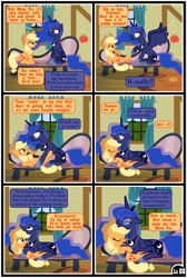 Size: 3255x4838 | Tagged: safe, artist:gutovi, applejack, princess luna, alicorn, earth pony, pony, comic:why me!?, g4, alternate ending, comic, cuddling, cute, female, floppy ears, hat, lesbian, lidded eyes, looking at each other, ship:lunajack, shipping, show accurate, snuggling, sweet apple acres, tree