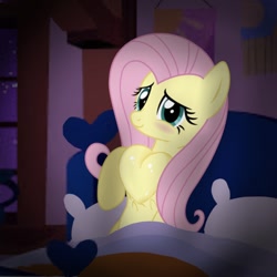 Size: 668x668 | Tagged: safe, artist:brightenight-heart, fluttershy, pegasus, pony, g4, bed, bedroom, cardiophilia, fetish, heart pounding, heartbeat, story included