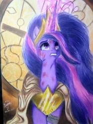 Size: 472x630 | Tagged: safe, artist:robinrain8, artist:shadowingartist, twilight sparkle, alicorn, pony, g4, the last problem, bruised, cape, cloak, clocktower, clothes, crown, crying, female, glowing horn, gritted teeth, horn, jewelry, magic, magic aura, mare, older, older twilight, older twilight sparkle (alicorn), princess twilight 2.0, regalia, solo, the clocktower, traditional art, twilight sparkle (alicorn)