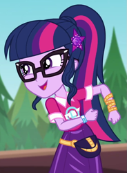 Size: 619x842 | Tagged: safe, screencap, sci-twi, twilight sparkle, equestria girls, equestria girls series, g4, sunset's backstage pass!, spoiler:eqg series (season 2), cropped, geode of telekinesis, glasses, magical geodes, music festival outfit, solo