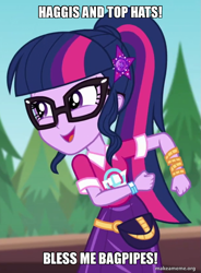 Size: 619x842 | Tagged: safe, edit, edited screencap, screencap, sci-twi, twilight sparkle, equestria girls, equestria girls series, g4, sunset's backstage pass!, spoiler:eqg series (season 2), caption, catchphrase, ducktales, geode of telekinesis, glasses, haggis, image macro, magical geodes, music festival outfit, scrooge mcduck, solo, text