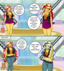 Size: 1800x2000 | Tagged: safe, artist:chuyryu, sunset shimmer, oc, oc:evening glow, oc:evening glow(chuyryu), oc:summer daydream (sunset's mother), equestria girls, g4, belly button, canterlot mall, clothes swap, comic, facepalm, female, like mother like daughter, like parent like child, mama sunset, midriff, mother and child, mother and daughter, offspring, parent:flash sentry, parent:sunset shimmer, parents:flashimmer