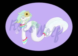 Size: 632x457 | Tagged: safe, artist:roeswolfcreations, oc, oc only, merpony, pony, seapony (g4), bracelet, eyes closed, fish tail, flower, flower in hair, flowing tail, jewelry, simple background, smiling, solo, tail, teeth, watermark