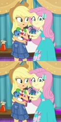 Size: 808x1617 | Tagged: safe, artist:twinet-nsfw, edit, edited screencap, screencap, applejack, fluttershy, best in show: the pre-show, equestria girls, g4, my little pony equestria girls: better together, 2 panel comic, applejack's hat, assisted exposure, bare shoulders, comic, cowboy hat, cropped, female, geode of fauna, geode of super strength, hat, magical geodes, microphone