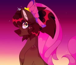 Size: 1080x915 | Tagged: safe, artist:tessa_key_, oc, oc only, earth pony, pony, bow, bust, ear fluff, earth pony oc, female, gradient background, hair bow, mare, signature, smiling, solo