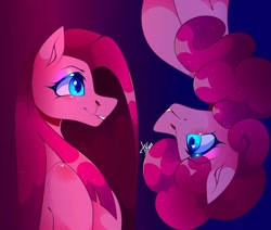 Size: 1080x915 | Tagged: safe, artist:tessa_key_, pinkie pie, earth pony, pony, abstract background, blood, bust, duality, female, looking at each other, makeup, mare, nosebleed, pinkamena diane pie, self ponidox, signature, smiling, upside down