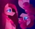 Size: 1080x915 | Tagged: safe, artist:tessa_key_, pinkie pie, earth pony, pony, g4, abstract background, blood, bust, duality, female, looking at each other, makeup, mare, nosebleed, pinkamena diane pie, self ponidox, signature, smiling, upside down