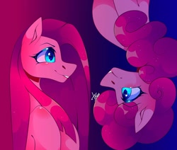 Size: 1080x915 | Tagged: safe, alternate version, artist:tessa_key_, pinkie pie, earth pony, pony, abstract background, bust, duality, female, looking at each other, makeup, mare, pinkamena diane pie, self ponidox, signature, smiling, upside down