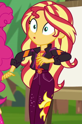 Size: 557x841 | Tagged: safe, screencap, pinkie pie, sunset shimmer, equestria girls, equestria girls series, g4, sunset's backstage pass!, spoiler:eqg series (season 2), cropped, female, geode of empathy, magical geodes, music festival outfit, shrunken pupils