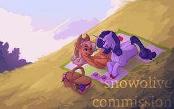Size: 1280x800 | Tagged: safe, artist:snowolive, applejack, rarity, earth pony, pony, unicorn, g4, basket, cup, eyes closed, female, grass, grin, lesbian, open mouth, picnic, picnic basket, picnic blanket, ship:rarijack, shipping, smiling, teacup, watermark
