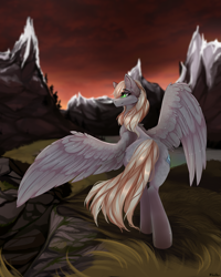 Size: 1995x2500 | Tagged: safe, artist:nikolka, oc, oc:aurora pinfeathers, pegasus, pony, fallout equestria, fallout equestria: renewal, behind, butt, fallout, fanfic art, female, grass, gray coat, hill, mountain, sky, sunset, tail, wings