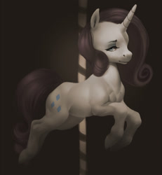 Size: 1311x1416 | Tagged: safe, artist:kemikel, rarity, pony, unicorn, g4, carousel, chest, desaturated, digital art, eyeshadow, female, horn, illusory preview, jumping, leaping, looking at you, makeup, midair, muscles, painting, pecs, pole, realistic anatomy, solo