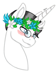 Size: 1583x2048 | Tagged: safe, alternate version, artist:agdapl, artist:elementbases, pony, unicorn, base used, blushing, crossover, floral head wreath, flower, glasses, male, medic, medic (tf2), ponified, simple background, species swap, stallion, team fortress 2, white background