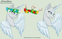 Size: 2526x1610 | Tagged: safe, artist:elementbases, oc, oc only, alicorn, pony, alicorn oc, bald, base, blushing, bust, duo, eyelashes, female, floral head wreath, flower, gray background, horn, mare, simple background, wings