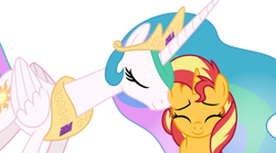 Size: 1024x570 | Tagged: safe, artist:emeraldblast63, princess celestia, sunset shimmer, alicorn, pony, unicorn, g4, duo, eyes closed, harsher in hindsight, heartwarming, heartwarming in hindsight, jewelry, momlestia, mother's day, nuzzling, regalia, simple background, smiling, transparent background