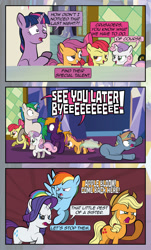 Size: 1920x3169 | Tagged: safe, artist:alexdti, apple bloom, applejack, rainbow dash, rarity, scootaloo, sweetie belle, twilight sparkle, oc, oc:brainstorm (alexdti), oc:purple creativity, oc:star logic, alicorn, earth pony, pegasus, pony, unicorn, comic:quest for friendship, g4, comic, cutie mark crusaders, glowing, glowing horn, grammar error, horn, magic, telekinesis, twilight sparkle (alicorn)