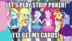 Size: 800x450 | Tagged: safe, edit, edited screencap, screencap, applejack, fluttershy, opalescence, pinkie pie, rainbow dash, rarity, sci-twi, sunset shimmer, twilight sparkle, equestria girls, fomo, g4, my little pony equestria girls: better together, caption, clothes, cutie mark, cutie mark on clothes, geode of shielding, geode of sugar bombs, geode of super speed, geode of super strength, humane five, humane seven, humane six, image macro, jewelry, magical geodes, makeameme.org, meme, necklace, rarity peplum dress, text