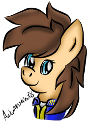Size: 414x571 | Tagged: safe, artist:pegasski, oc, oc only, earth pony, pony, fallout equestria, bust, clothes, earth pony oc, female, jumpsuit, mare, signature, simple background, smiling, solo, transparent background, vault suit