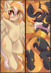 Size: 627x907 | Tagged: safe, artist:beardie, oc, oc only, oc:orange cream, changeling, pegasus, pony, armpits, body pillow, long tongue, orange changeling, solo, tongue out
