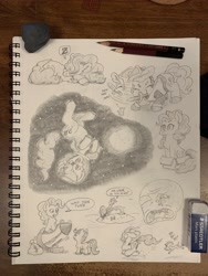 Size: 3024x4032 | Tagged: safe, artist:lost marbles, pinkie pie, scootaloo, chihuahua, dog, earth pony, pony, rat, g4, armor, fish bowl, high res, money bag, moon, pencil drawing, rocket, sketchpad, sleeping, space, sword, traditional art, weapon