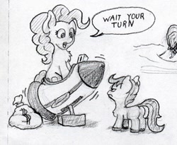 Size: 1282x1051 | Tagged: safe, artist:lost marbles, pinkie pie, scootaloo, earth pony, pony, g4, dialogue, dock, duo, female, grayscale, kiddie ride, missing wing, money bag, monochrome, pencil drawing, ride, rocket, scootaloo is not amused, tail, traditional art, unamused, wingless