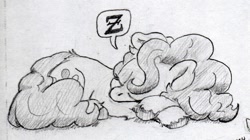 Size: 1338x751 | Tagged: safe, artist:lost marbles, pinkie pie, earth pony, pony, g4, female, pencil drawing, simple background, sleeping, solo, traditional art, white background