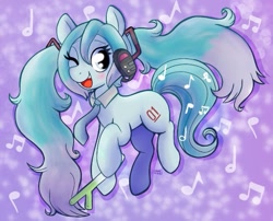 Size: 655x530 | Tagged: safe, artist:therainbowtroll, kotobukiya, earth pony, pony, anime, female, hatsune miku, headphones, kotobukiya hatsune miku pony, leek, mare, necktie, one eye closed, open mouth, open smile, ponified, smiling, solo, vocaloid, wink