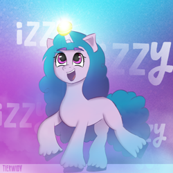 Size: 1080x1080 | Tagged: safe, artist:tierwidy, izzy moonbow, pony, unicorn, g5, ball, colored, female, horn, hornball, izzy's tennis ball, light, mare, solo, standing, tennis ball