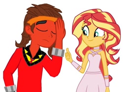 Size: 1124x842 | Tagged: safe, artist:robertsonskywa1, sunset shimmer, oc, equestria girls, g4, clothes, clothes swap, crossover, crossover shipping, duo, equestria girls-ified, facepalm, female, headband, holomatter avatar, hot rod, male, rodimus, shipping, straight, thumbs up, transformers