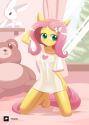 Size: 1000x1407 | Tagged: safe, artist:howxu, fluttershy, equestria girls, g4, adorasexy, arm behind head, barefoot, bed, bedroom, blushing, bottomless, breasts, clothes, cute, daaaaaaaaaaaw, feet, hairpin, hand on hip, kneeling, nightgown, partial nudity, plushie, ponied up, see-through, sexy, shirt, shyabetes, solo, t-shirt, window, wingless