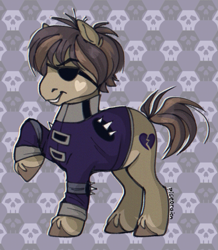 Size: 671x768 | Tagged: safe, artist:pigeorgien, oc, oc only, oc:plutonium forever, earth pony, pony, clothes, evil grin, eyepatch, female, grin, mare, raised hoof, skull, smiling, solo, suit, unshorn fetlocks