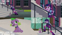 Size: 1280x720 | Tagged: safe, edit, edited screencap, editor:quoterific, screencap, spike, twilight sparkle, dog, equestria girls, g4, my little pony equestria girls, boots, canterlot high, clothes, cutie mark, cutie mark on clothes, female, male, open mouth, shoes, spike the dog, stairs