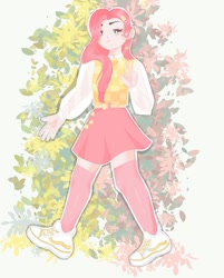 Size: 1080x1344 | Tagged: dead source, safe, artist:epicmaellina, fluttershy, human, g4, clothes, female, flower, humanized, shoes, skirt, smiling, solo