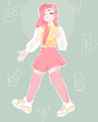 Size: 1080x1344 | Tagged: dead source, safe, alternate version, artist:epicmaellina, fluttershy, human, g4, clothes, female, flower, humanized, shoes, skirt, smiling, solo