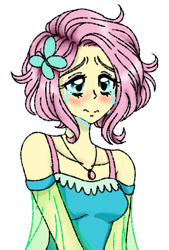 Size: 1080x1596 | Tagged: safe, artist:jvartes6112, fluttershy, equestria girls, g4, alternate hairstyle, blushing, bust, clothes, crying, female, hairclip, jewelry, necklace, short hair, simple background, solo, transparent background