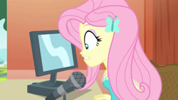 Size: 3410x1920 | Tagged: safe, screencap, fluttershy, equestria girls, equestria girls series, fluttershy's butterflies, g4, computer, female, fluttershy's butterflies: rainbow dash, geode of fauna, hairpin, jewelry, magical geodes, microphone, necklace, solo