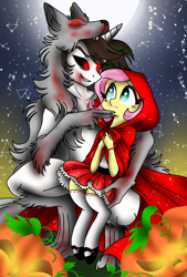 Size: 1080x1596 | Tagged: safe, artist:jvartes6112, fluttershy, pony, wolf, wolf pony, anthro, digitigrade anthro, unguligrade anthro, g4, blood, cloak, clothes, eyelashes, female, glowing eyes, horn, little red riding hood, night, ponified, pumpkin, shoes, stars, worried
