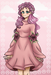 Size: 1080x1596 | Tagged: safe, artist:jvartes6112, fluttershy, human, g4, alternate hairstyle, braid, clothes, cloud, dress, flower, humanized, outdoors, paw prints, rose, smiling, solo