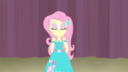 Size: 3410x1920 | Tagged: safe, screencap, fluttershy, equestria girls, equestria girls series, fluttershy's butterflies, g4, arm behind back, armpits, clothes, cute, cutie mark, cutie mark on clothes, eyes closed, female, fluttershy boho dress, fluttershy's butterflies: applejack, geode of fauna, hairpin, hands behind back, high res, jewelry, magical geodes, necklace, shyabetes, sleeveless, smiling, solo
