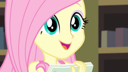 Size: 3410x1920 | Tagged: safe, screencap, fluttershy, equestria girls, fluttershy's butterflies, fluttershy's butterflies: dj pon-3, g4, my little pony equestria girls: better together, book, close-up, cute, female, high res, jewelry, library, necklace, open mouth, shyabetes, smiling, solo