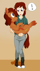 Size: 750x1334 | Tagged: safe, artist:ponehanon, oc, oc only, oc:notepad, earth pony, human, pony, clothes, commission, converse, exclamation point, female, holding a pony, hoodie, human and pony, human ponidox, mare, no pupils, pants, self ponidox, shoes, sneakers, tongue out