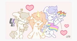 Size: 1024x547 | Tagged: safe, artist:gravityfox10, oc, oc only, pegasus, pony, unicorn, asexual pride flag, bust, crown, gay pride flag, hair over eyes, heart, horn, jewelry, mouth hold, pegasus oc, pride, pride flag, regalia, smiling, unicorn oc, wings