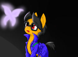 Size: 800x587 | Tagged: safe, artist:a.s.e, oc, oc only, oc:a.s.e, butterfly, earth pony, pony, alone, clothes, darkness, earth pony oc, eye clipping through hair, eyebrows, eyebrows visible through hair, glasses, male, open mouth, raised tail, solo, stallion, tail, trenchcoat