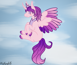 Size: 1750x1500 | Tagged: safe, artist:misskanabelle, oc, oc only, oc:velvet dawn, alicorn, pony, abstract background, alicorn oc, ethereal mane, female, horn, mare, signature, solo, starry mane, two toned wings, unshorn fetlocks, wings