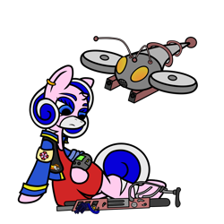Size: 1024x1024 | Tagged: safe, artist:dice-warwick, oc, oc only, oc:harp melody, original species, pony, fallout equestria, fallout equestria: desperados, air rifle, biker jacket, cocktail dress, drone, ear piercing, earring, followers of the apocalypse, gun, handgun, jewelry, ministry of peace, mirage pony, piercing, pipbuck, red dress, revolver, solo, stable-tec, stable-tec jacket, stripes