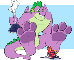 Size: 2732x2203 | Tagged: safe, artist:giantboonehusky, big macintosh, spike, dragon, earth pony, pony, anthro, plantigrade anthro, g4, barefoot, digital art, dragon wings, feet, fetish, foot fetish, foot focus, high res, looking at each other, macro, male, older, older spike, potion, sitting, stallion, tail, wings