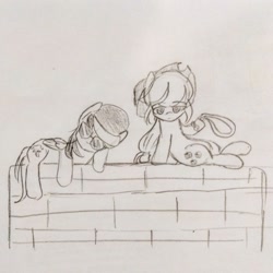 Size: 1280x1280 | Tagged: safe, artist:snowzaaah, applejack, rainbow dash, earth pony, pegasus, pony, g4, appledashdailydoodles, doodle, female, lesbian, monochrome, pencil drawing, ship:appledash, shipping, sketch, traditional art