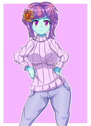 Size: 1300x1800 | Tagged: safe, artist:n00bultima, sunny flare, equestria girls, g4, clothes, female, hand on hip, looking at you, solo, sweater
