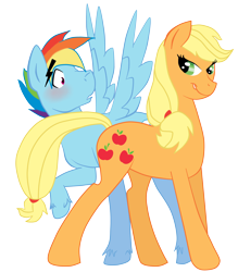 Size: 4298x4914 | Tagged: safe, artist:marmerso, applejack, rainbow dash, earth pony, pegasus, pony, g4, blushing, colored, female, half r63 shipping, male, mare, rainbow blitz, rule 63, seduction, ship:appleblitz, ship:appledash, shipping, simple background, spread wings, stallion, straight, tail seduce, transparent background, wingboner, wings